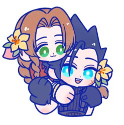 105zz 1boy 1girl :3 aerith_gainsborough armor bangle black_gloves black_hair blue_eyes blush bracelet braid braided_ponytail brown_hair closed_mouth commentary_request couple cropped_torso cross_scar drill_hair drill_sidelocks facial_scar final_fantasy final_fantasy_vii final_fantasy_vii_remake flower gloves green_eyes hair_flower hair_ornament hair_ribbon hand_on_another&#039;s_arm heads_together hug hug_from_behind jacket jewelry looking_at_another lowres parted_bangs pink_ribbon ponytail red_jacket ribbed_sweater ribbon scar scar_on_cheek scar_on_face shoulder_armor sidelocks simple_background smile spiked_hair sweater turtleneck turtleneck_sweater upper_body white_background yellow_flower zack_fair