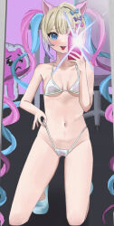 1girl bikini blonde_hair blue_eyes blue_hair bow breasts camera_flash cellphone chouzetsusaikawa_tenshi-chan emoji full-length_mirror gluteal_fold hair_bow highleg highleg_bikini highres holding holding_phone kneeling long_hair looking_at_mirror looking_at_viewer medium_breasts mirror mirror_selfie multicolored_hair multiple_hair_bows navel needy_girl_overdose phone pink_hair pleading_face_emoji reflection reflection_focus selfie smartphone solo swimsuit tadanohikikomori taking_picture twintails white_bikini