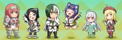 Rule 34 | 2boys, 4girls, androgynous, animal ear fluff, animal ears, aqua boots, aqua dress, aqua hat, armor, bell, belt, bike shorts, black dress, black footwear, black hair, black shorts, black thighhighs, blonde hair, blush, boots, braid, breastplate, bridal gauntlets, brown belt, cape, capelet, chibi, closed eyes, closed mouth, dress, fang, full body, futoku no guild, green background, green eyes, green hair, grey hair, hair bobbles, hair ornament, hanabata nohkins, hand up, hat, hat feather, highres, hitamu kyan, jingle bell, jumping, kikuru madan, light smile, long hair, long sleeves, looking at viewer, magyo, maidena angers, medium hair, multicolored hair, multiple boys, multiple girls, no nose, noma rune, official art, one eye closed, open mouth, outstretched arm, outstretched arms, pants, pink hair, pointy ears, puffy long sleeves, puffy sleeves, purple capelet, red dress, red footwear, short eyebrows, short shorts, shorts, shoulder armor, single braid, smile, standing, tail, thigh boots, thighhighs, tokishikko dana, trap, triangle background, two-tone dress, two-tone hair, white cape, white dress, white hair, white pants