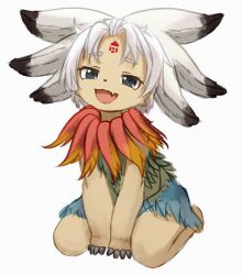 1girl barefoot blue_dress chunjiu dress facial_mark forehead_mark fossilized_wonders furry grey_eyes highres houjuu_chimi looking_at_viewer made_in_abyss open_mouth parted_bangs simple_background sleeveless smile solo touhou white_background white_hair