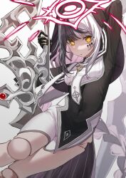 Rule 34 | 1girl, arm behind head, arm up, arrow cross, black capelet, black dress, black hair, blush, borrowed character, braid, braided ponytail, capelet, coif, commentary request, commission, cross, doll joints, dress, facial mark, grey background, halo, hand up, highres, holding, holding weapon, joints, looking at viewer, multicolored hair, nun, original, parted lips, second-party source, simple background, skeb commission, solo, stole, takeno omoti, two-tone hair, veil, violet (ac8231), weapon, white hair, yellow eyes
