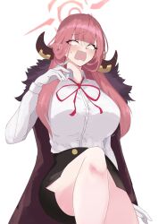 1girl absurdres aru_(blue_archive) black_skirt blue_archive blunt_bangs blush breasts brown_coat coat coat_on_shoulders collared_shirt empty_eyes feet_out_of_frame fur-trimmed_coat fur_trim gloves halo high-waist_skirt highres horns large_breasts long_hair long_sleeves open_clothes open_coat open_mouth pencil_skirt pink_hair s4ika shirt shirt_tucked_in side_slit skirt solo thighs variant_set white_gloves white_shirt