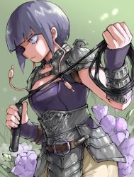 1girl armor belt boku_no_hero_academia breasts choker cleavage cleavage_cutout clothing_cutout flower green_background holding holding_weapon jiro_kyoka looking_to_the_side purple_eyes purple_hair serious short_hair shoulder_armor simple_background small_breasts solo strap warrior weapon whip zonozonotk