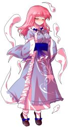 1girl alphes_(style) blue_bow blue_sash blush bow breasts butterfly_print_kimono closed_eyes closed_mouth commentary_request dairi floating frills full-face_blush full_body hitodama japanese_clothes large_variant_set long_hair long_sleeves medium_breasts parody saigyouji_yuyuko sash shoes smile solo standing style_parody tachi-e touhou transparent_background variant_set wide_sleeves wink_hair