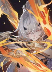 Rule 34 | 1girl, absurdres, armored gloves, closed mouth, commentary request, erdos helia, erdos helia (planar armament: warped spacetime), fire, grey hair, hair intakes, highres, holding, holding sword, holding weapon, honkai (series), honkai impact 3rd, long hair, m78 zaitaoaotezhanshi, midriff, mole, mole under eye, scar, scar across eye, scar on face, solo, sword, upper body, weapon, yellow eyes