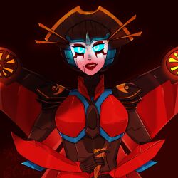 Rule 34 | 1girl, airplane wing, blue eyes, caldodeisa, geisha, glowing, glowing eyes, highres, humanoid robot, mechanical wings, metal skin, red lips, robot, robot girl, solo, the transformers (idw), transformers, windblade, wings