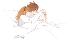 black_hairband blonde_hair blue_eyes bow brown_hair couple cyborg cyborg_009 francoise_arnoul hair_over_face hair_over_one_eye hairband half-closed_eyes holding_hands long_hair manodemarina on_bed shared_bed shimamura_joe shirt short_hair white_bow white_shirt
