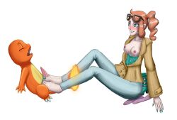 Rule 34 | 1boy, 1girl, absurdres, artemis-polara, barefoot, black-framed eyewear, breasts, charmander, closed eyes, coat, cum, cum on body, cum on feet, ejaculation, eyewear on head, fangs, feet, fire, flame-tipped tail, footjob, gen 1 pokemon, green eyes, green nails, hair ornament, heart, heart hair ornament, highres, long hair, nintendo, nipples, open mouth, orange hair, pants, penis, pokemon, pokemon (creature), pokephilia, shirt, side ponytail, sonia (pokemon), sunglasses, swept bangs, tail, toes, transparent background, two-footed footjob
