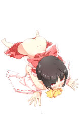 1girl all_fours ascot ass bad_id bad_pixiv_id bare_shoulders barefoot black_hair blush bow clothes_pull detached_sleeves female_focus from_above full_body hair_bow hakurei_reimu highres looking_at_viewer looking_up no_panties non_(z-art) nontraditional_miko red_eyes short_hair simple_background skirt skirt_down skirt_pull solo touhou white_background wide_sleeves