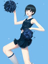 Rule 34 | 1boy, asymmetrical hair, black hair, blue background, blush, cheerleader, crossdressing, crossdressing (mtf), feet out of frame, floral print, green eyes, high-waist skirt, highres, holding, legs, looking at viewer, male focus, midriff, mikan zakuro, miniskirt, navel, open mouth, pleated skirt, pom pom (cheerleading), protagonist (smtv), shadow, shin megami tensei, shin megami tensei v, short hair, simple background, skirt, socks, teeth, trap, upper teeth only, white socks