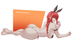 1girl :d absurdres animal_ear_hairband animal_ears arm_strap ass back barefoot black_panties braid braided_ponytail breasts chainsaw_man elbow_rest fake_animal_ears full_body hairband highres large_breasts looking_at_viewer lying makima_(chainsaw_man) melowh on_side open_mouth panties pasties rabbit_ear_hairband rabbit_ears red_hair smile solo thong topless_female underwear yellow_eyes