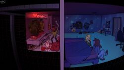 2girls 2others absurdres antlers bed bedroom blonde_hair blush closet deltarune glowing hair_over_face heart heart-shaped_pillow highres horns kris_(deltarune) looking_at_another mrkimo multiple_girls multiple_others noelle_holiday pillow poster_(object) reindeer_antlers reindeer_girl reptile_girl sitting smile soul_(deltarune) susie_(deltarune)