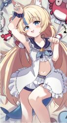 1girl absurdres animal_ear_fluff animal_ears bikini blonde_hair blue_bikini blue_eyes blue_hair blue_nails blush breasts cat_ears fins fish_girl fish_tail highleg highleg_bikini highres id_card indie_virtual_youtuber long_hair looking_at_viewer low_twintails lying multicolored_hair nail_ornament navel on_back open_mouth saabyboi sameko_saba sameko_saba_(fish) short_shorts shorts small_breasts smile solo streaked_hair swimsuit tail twintails very_long_hair virtual_youtuber white_shorts