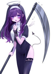 1girl :3 absurdres aegyo_sal asahina_mafuyu bandaged_arm bandages black_dress black_horns black_tail black_thighhighs black_veil blush commentary_request cowboy_shot demon_tail dress empty_eyes finger_to_own_chin frilled_sleeves frills hair_down hair_over_shoulder halo heart heart_in_eye highres holding holding_scythe horns index_finger_raised jishou_210 kamippoina_(vocaloid) long_hair looking_at_viewer nun open_mouth project_sekai puffy_short_sleeves puffy_sleeves purple_eyes purple_hair scythe short_sleeves side_slit simple_background solo sparkle standing symbol_in_eye tail thighhighs tongue veil white_background white_halo white_wings wings