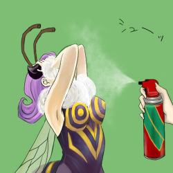 1girl antennae armpits arthropod_girl bee_girl capcom covering_own_eyes darkstalkers female_focus green_background hands_on_own_face insect_girl insect_wings monster_girl ocara pain pantyhose poison purple_hair q-bee simple_background sleeveless solo sound_effects spray wings