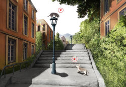 building bush cat commentary_request day heart lamppost no_humans original outdoors railing reason_(mark-of-the-unicorn) scenery shadow sky spoken_heart stairs tree window