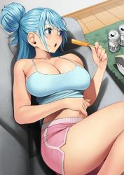 1girl alternate_costume aqua_(konosuba) bag_of_chips beer_can blue_camisole blue_eyes blue_hair breasts camisole can cleavage collarbone commentary_request commission couch dolphin_shorts drink_can facing_to_the_side fingernails food highres holding holding_food holding_ice_cream ice_cream ice_cream_bar izawa_(bhive003) kono_subarashii_sekai_ni_shukufuku_wo! large_breasts long_hair lying midriff navel on_couch open_mouth pink_shorts short_shorts shorts skeb_commission solo
