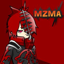 Rule 34 | 1boy, black coat, black rock shooter, black rock shooter (game), character name, coat, flame print, hair over one eye, high collar, kagenuma karasu, mazuma, red background, red eyes, red hair, solo