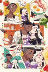2boys alternate_costume anger_vein apron bacon black_hair broccoli brown_hair character_name coffee collarbone cup dark-skinned_male dark_skin earrings egg_(food) english_text food fried_egg gen_8_pokemon half-closed_eyes heart highres holding holding_pokemon holding_spatula interracial jewelry male_focus milk mug multicolored_hair multiple_boys nintendo open_mouth piers_(pokemon) pokemon pokemon_(creature) pokemon_swsh raihan_(pokemon) saku_anna shelf shirt spatula spoken_anger_vein spoon teeth tomato tongue tongue_out toxel two-tone_hair undercut white_hair white_shirt yaoi