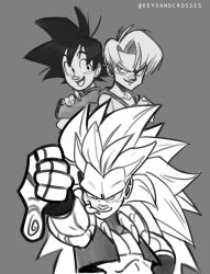 3boys child cropped_vest dragon_ball gotenks greyscale hand_on_own_hip highres keysandcrosses looking_at_another metamoran_vest monochrome multiple_boys muscular muscular_male no_eyebrows saiyan sketch son_goten spiked_hair super_saiyan super_saiyan_3 thumbs_down tongue tongue_out trunks_(dragon_ball) vest wristband