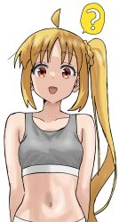 1girl :d ? ahoge blonde_hair bocchi_the_rock! highres ijichi_nijika long_hair open_mouth orange_eyes riokasen side_ponytail smile solo sports_bra underwear underwear_only white_background