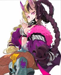 1girl andrewcockroach ass blonde_hair blush_stickers braid braided_hair_rings breasts commentary commission demon_girl english_commentary eyeshadow fishnets fur-trimmed_jacket fur_trim hair_rings highres horns jacket long_hair makeup mask mouth_mask navel original purple_hair purple_jacket red_eyes shoes short_shorts shorts sideboob small_breasts smile smug sneakers very_long_hair
