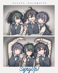 3girls ;) ;d ^_^ aged_down black_hair blue_ribbon blue_vest blush border closed_eyes commentary_request copyright_name doch1_suki gakuen_idolmaster green_hair group_name hataya_misuzu hatsuboshi_gakuen_school_uniform heart_arms_duo highres idolmaster jitome kaya_rinha long_sleeves looking_at_another looking_at_viewer multiple_girls neck_ribbon one_eye_closed open_mouth ponytail purple_hair ribbon school_uniform shirt short_twintails smile sweatdrop syngup!_(idolmaster) tsukimura_temari twintails upper_body v vest white_border white_shirt
