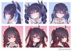 2girls :o absurdres black_bow black_hair black_sailor_collar blue_bow blue_hair blush bow braid brown_hair butterfly_hair_ornament closed_mouth commentary_request dress hair_between_eyes hair_bow hair_ornament heart heart_hands highres honkai_(series) honkai_impact_3rd multiple_girls multiple_views parted_lips polka_dot polka_dot_bow purple_eyes red_eyes red_hair rinna_(xxrinna) sailor_collar seele_(alter_ego) seele_vollerei sleeveless sleeveless_dress smile twin_braids twintails twitter_username two_side_up white_dress white_sailor_collar