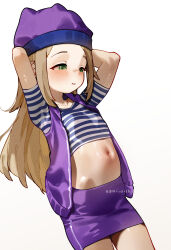 1girl blush breasts digimon digimon_frontier green_eyes hat highres kani_fish long_hair navel orimoto_izumi parted_lips purple_skirt shirt simple_background skirt small_breasts solo striped_clothes striped_shirt white_background