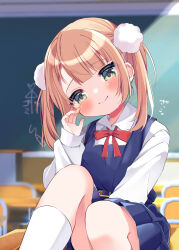 1girl absurdres aged_down blonde_hair blue_dress blunt_bangs blush bow bowtie chalkboard classroom closed_mouth collared_shirt commentary_request desk dress dress_shirt feet_out_of_frame hair_ornament hand_up highres indie_virtual_youtuber indoors kiyokura_meru kneehighs knees_up long_sleeves looking_at_viewer medium_hair official_alternate_costume official_alternate_hairstyle on_desk pinafore_dress pleated_dress pom_pom_(clothes) pom_pom_hair_ornament red_bow red_bowtie school school_desk school_uniform shigure_ui_(vtuber) shigure_ui_(vtuber)_(young) shirt short_dress sidelighting sitting sleeveless sleeveless_dress smile smug socks solo swept_bangs translation_request twintails virtual_youtuber white_shirt white_socks