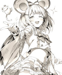 1girl ;d animal animal_ears blush bow bowtie granblue_fantasy greyscale hashtag-only_commentary highres looking_at_viewer midriff monochrome monogrbl mouse_(animal) mouse_ears navel one_eye_closed open_mouth pleated_skirt short_hair simple_background skirt smile solo vikala_(granblue_fantasy) white_background wide_sleeves