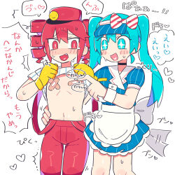 +_+ 2girls aqua_eyes aqua_hair bandaid bandaids_on_nipples drill_hair fang hatsune_miku highres kasane_teto kasane_teto_(utau) mesmerizer_(vocaloid) multiple_girls pasties red_eyes red_hair translation_request twin_drills twintails utau vocaloid wan_txt yuri