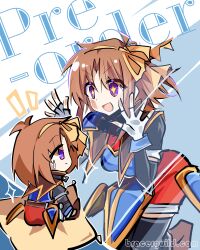 +_+ 1girl 25ocoveryui absurdres anelace_elfead armor breastplate curtained_hair eiyuu_densetsu english_text fingerless_gloves gloves hairband highres open_mouth parted_bangs pauldrons purple_eyes short_hair shorts shoulder_armor single_pauldron smile sora_no_kiseki stuffed_toy sweatdrop thighhighs two-tone_background white_gloves