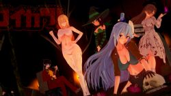 3d 5girls aqua_(konosuba) black_hair black_skirt blonde_hair blue_eyes blush boots braid breasts brown_hair closed_eyes cosplay darkness_(konosuba) dress full_body gloves hair_between_eyes hair_ornament hair_over_one_eye hair_rings high_heels high_ponytail highres jacket joker_(cosplay) kasumishikiyama kono_subarashii_sekai_ni_shukufuku_wo! large_breasts long_hair multiple_girls ponytail single_hair_ring sitting skirt spread_legs standing thighhighs thighs underwear white_thighhighs wings wiz_(konosuba) x_hair_ornament yunyun_(konosuba)