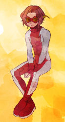 1boy bart_allen bodysuit boots brown_hair dc_comics fingerless_gloves flash_(series) gloves goggles impulse male_focus red_footwear shoes simple_background sitting solo superhero_costume yellow_eyes young_justice