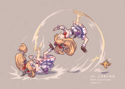 1girl artist_name banana_peel bow brown_eyes brown_hair brown_shoes chinese_commentary commentary_request dated dress falling gourd hair_bow highres horn_bow horn_ornament horns ibuki_suika long_hair low-tied_long_hair lying nero_augustus on_back red_bow shoes simple_background slipping socks touhou twitter_username white_dress white_socks