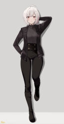 1girl absurdres ahoge arm_behind_head arm_up black_boots black_jacket black_pants black_shirt boots hair_between_eyes hand_in_pocket highres jacket leg_up long_sleeves looking_at_viewer open_clothes open_jacket pants red_eyes ricky_(haye4843) shadow shirt short_hair solo spy_kyoushitsu sybilla_(spy_kyoushitsu) white_hair