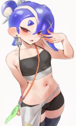 1girl black_thighhighs blue_hair breasts chest_sarashi collarbone commentary earrings english_commentary grey_background highres jewelry jtveemo looking_at_viewer midriff navel nintendo octoling official_alternate_costume pointy_ears red_eyes sarashi shiver_(splatoon) shiver_(splatoon_raiders) short_hair simple_background small_breasts solo splatoon_(series) splatoon_3 splatoon_raiders tentacle_hair thighhighs