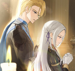 1boy 1girl arm_guards blonde_hair blue_capelet blue_eyes blurry candle capelet commentary_request couple depth_of_field dimitri_alexandre_blaiddyd edelgard_von_hresvelg fire fire_emblem fire_emblem:_three_houses garreg_mach_monastery_uniform gloves glowing hair_between_eyes hair_ribbon hands_up highres ikaikakka indoors juliet_sleeves light_particles long_hair long_sleeves looking_down looking_to_the_side military_uniform nintendo open_mouth own_hands_together parted_bangs parted_lips puffy_sleeves purple_eyes purple_ribbon red_capelet ribbon shade short_hair standing sunlight upper_body white_gloves white_hair