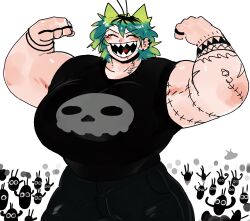 Rule 34 | 1girl, absurdres, antennae, arm tattoo, black hair, black pants, black shirt, breasts, destorys, double biceps pose, ear piercing, earrings, flexing, green hair, highres, huge breasts, jewelry, medium hair, multicolored hair, muscular, muscular female, open mouth, original, pants, piercing, roots (hair), sharp teeth, shirt, smile, solo, tattoo, teeth, two-tone hair
