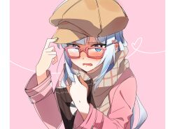 1girl adjusting_clothes adjusting_headwear ap_bar blue_eyes blush book brown_hat brown_scarf disguise ear_blush embarrassed glasses grey_hair hair_ornament hairclip hands_up hat holding holding_book idolmaster idolmaster_million_live! jacket long_hair long_sleeves looking_at_viewer newsboy_cap official_alternate_costume pink-framed_eyewear pink_background pink_jacket scarf shiraishi_tsumugi sidelocks simple_background solo straight_hair upper_body very_long_hair