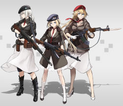 3girls absurdres ak-47 ak-47_(girls&#039;_frontline) ak-74 akm assault_rifle bayonet belt between_breasts black_footwear black_gloves black_headwear black_jacket blue_eyes blue_headwear boots brain breasts brown_jacket character_request collarbone cross-laced_footwear expressionless full_body fur-trimmed_jacket fur_trim girls&#039;_frontline gloves grin gun hat height_difference high_heel_boots high_heels highres holster jacket kalashnikov_rifle kisetsu looking_at_viewer military_hat mouth_hold multiple_girls necktie ponytail purple_eyes red_headwear red_neckwear rifle serious silhouette skirt smile socks trigger_discipline weapon white_footwear white_gloves white_hair white_legwear white_skirt