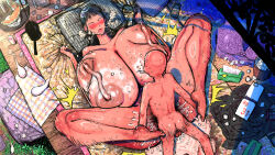 1boy 1girl age_difference ahoge bald bed bedroom black_hair breasts brown_eyes completely_nude condom condom_on_penis cum cum_in_pussy female_pubic_hair huge_breasts lying lying_on_person missionary nipples nude on_bed on_person open_mouth original pubic_hair rolling_eyes shota size_difference sweat testicles used_condom used_condom_on_penis vaginal