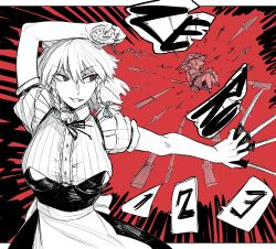 2girls absurdres apron axel_hi between_fingers bow braid breasts broom broom_riding dress hair_bow hat hat_bow highres holding holding_knife holding_pocket_watch izayoi_sakuya kirisame_marisa knife knives_between_fingers large_breasts long_hair maid maid_apron maid_headdress medium_breasts mini-hakkero monochrome multiple_girls open_mouth pocket_watch red_eyes red_theme short_hair side_braid single_braid smile sound_effects time_stop touhou twin_braids waist_apron watch witch_hat