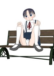 1girl bench black_hair black_shoes blue_eyes blue_skirt blush breasts crotch_seam hands_on_own_knees kneehighs long_sleeves looking_down mary_janes neck_ribbon open_mouth original panties red_ribbon ribbon school_uniform sexless2012 shirt shoes short_hair sitting skirt small_breasts socks spread_legs stained_panties suspender_skirt suspenders underwear white_background white_panties white_shirt white_socks