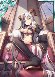 1girl absurdly_long_hair akkijin boots breasts card_(medium) cleavage demon_girl demon_horns dome grey_hair high_heel_boots high_heels horns indoors long_hair looking_at_viewer looking_down medium_breasts official_art shinkai_no_valkyrie sitting throne two-tone_legwear very_long_hair yellow_eyes
