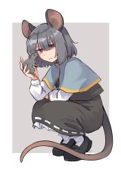 1girl absurdres animal animal_ears animal_on_hand black_shoes black_skirt blue_capelet capelet closed_mouth commentary_request expressionless grey_hair highres jewelry long_sleeves looking_at_viewer min.k mouse_ears mouse_girl mouse_tail nazrin pendant red_eyes shoes skirt socks solo squatting tail touhou white_socks