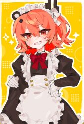 a.i._voice adachi_rei alternate_costume apron black_dress bow bowtie cowboy_shot dress enmaided grin highres long_sleeves looking_at_viewer maid maid_apron maid_headdress medium_hair nupi_(tpshye7d2k42552) one_side_up orange_eyes orange_hair red_bow red_bowtie skirt_hold smile utau white_apron yellow_background