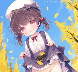 1girl :d acorn beret black_bow black_skirt bow brown_eyes brown_hair center_frills cloud collared_shirt commentary_request day female_focus frills ginkgo_leaf ginkgo_tree hair_ornament hat hat_bow leaf loli looking_at_viewer low_twintails open_mouth original outdoors panties petals pinecone rabbit_hair_ornament red_bow shirt short_sleeves short_twintails skirt skirt_basket smile solo standing suspender_skirt suspenders tree twintails underwear usashiro_mani white_hat white_shirt yellow_panties