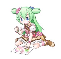 Rule 34 | 1girl, bag, blue eyes, boots, brown boots, crayon, drawing (action), dress, emil chronicle online, flower, frilled skirt, frills, frr (akf-hs), green hair, hair flower, hair ornament, holding, holding crayon, shabotan alma, sitting, skirt, socks, striped clothes, striped socks, two side up, wariza, white background